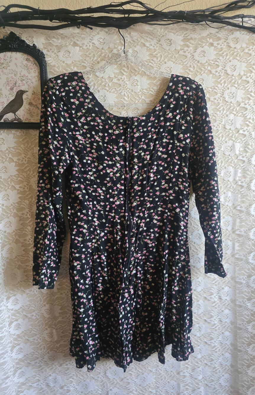 Vintage 90s Elisse Jr Ditsy Floral Mini Dress Scoop Neck Long Sleeve Small